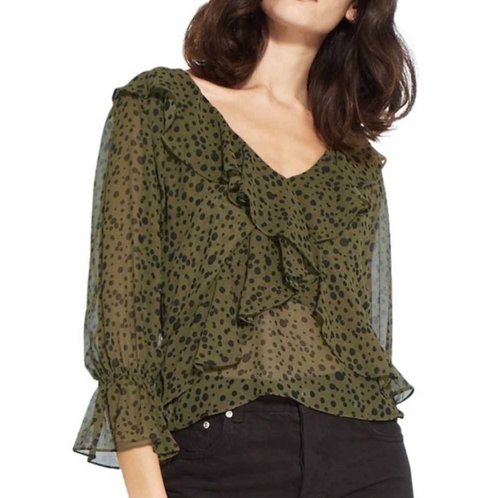 MISA Los Angeles Olive Green Ruffle V-Neck Polka Dot Blouse